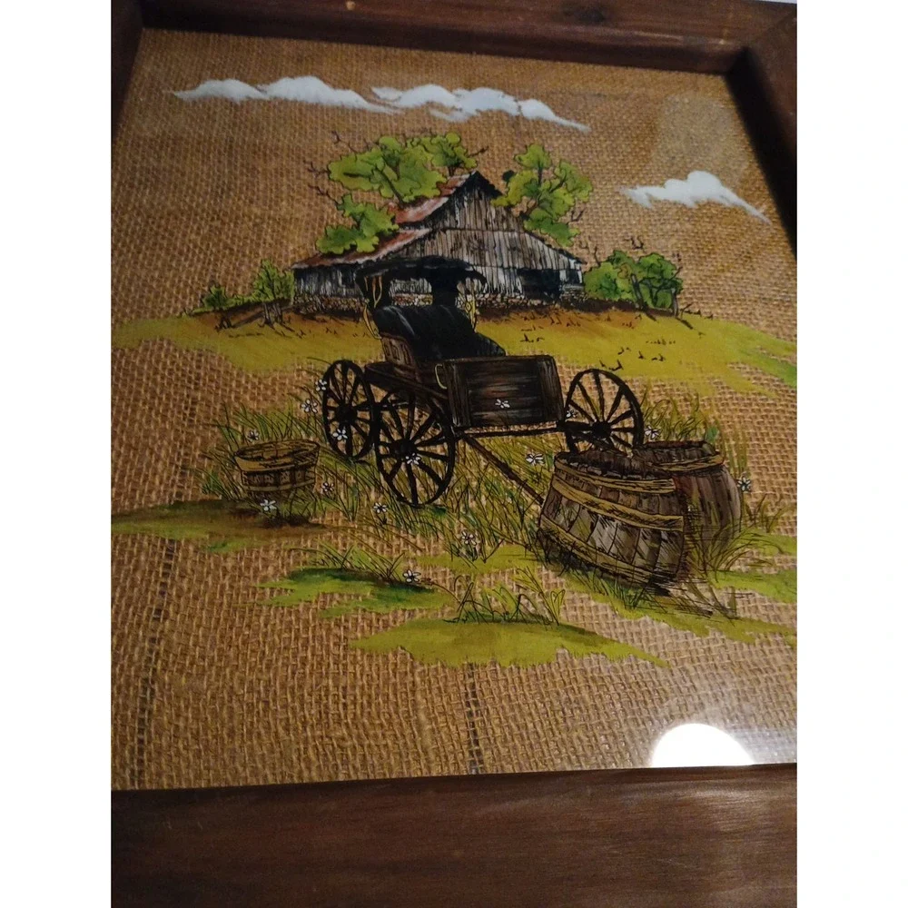 Vintage Rustic Hand Painted 1987 Folk Art with Old Wood Frame‎ Wall Hanging